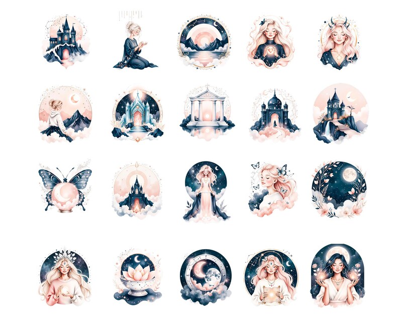 Pode incluir: Uma cole&ccedil;&atilde;o de ilustra&ccedil;&otilde;es em aquarela com temas celestiais e m&iacute;sticos. As imagens incluem castelos, mulheres, borboletas e luas, tudo em cores pastel suaves de azul, rosa e branco. A est&eacute;tica geral &eacute; sonhadora e et&eacute;rea.