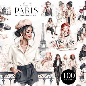 May include: A collection of watercolour illustrations with a Parisian theme. The image features the Eiffel Tower, people, and text that reads "welcome to PARIS" and "Bonjour Paris". The image also includes the text "FREE COMMERCIAL USE" and "100 .PNG FILES".