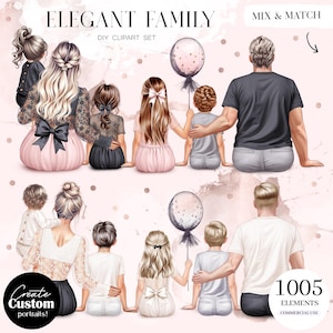May include: A digital clipart set of an elegant family with 5 skin tones, 1005 elements, and mix and match options. The clipart set includes a family of 6 with a mom, dad, and 4 children. The family is dressed in casual clothing and is holding balloons. The clipart set is perfect for creating custom portraits.