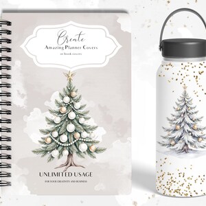 Puede incluir: Un planificador de espiral y un vaso con un dise&ntilde;o de &aacute;rbol de Navidad en acuarela. La portada del planificador tiene el texto "Create Amazing Planner Covers or book covers" y "UNLIMITED USAGE FOR YOUR CREATIVITY AND BUSINESS". El vaso tiene una tapa y un asa negras.
