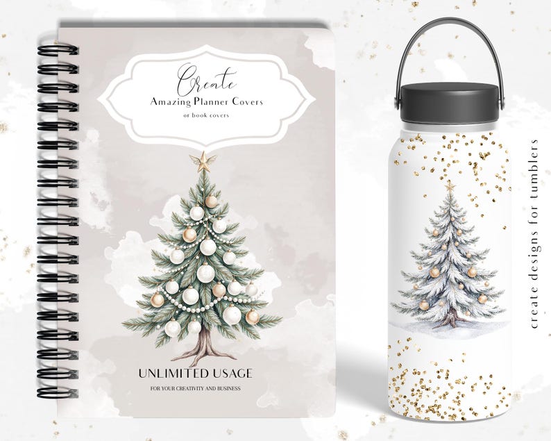Puede incluir: Un planificador de espiral y un vaso con un dise&ntilde;o de &aacute;rbol de Navidad en acuarela. La portada del planificador tiene el texto "Create Amazing Planner Covers or book covers" y "UNLIMITED USAGE FOR YOUR CREATIVITY AND BUSINESS". El vaso tiene una tapa y un asa negras.