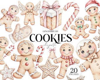 Clipart de biscuits de pain d'épice, 20 illustrations de biscuits de Noël PNG, conceptions de sublimation de vacances