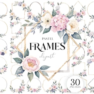 May include: A selection of watercolour floral frames in diverse shapes, such as circles, squares, and diamonds. The frames showcase pastel-coloured flowers and foliage, with a gold-coloured border. The text "PASTEL FRAMES clipart" is displayed centrally. Includes 30 .PNG files.