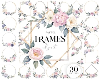 Watercolor Pastel Frames Clipart, Floral Geometric PNG, Wedding Borders Set