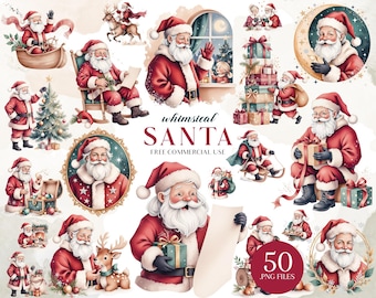 Whimsical Santa Clipart Set, Vintage Christmas Father Christmas PNG, Cozy Holiday Art