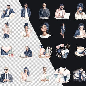 May include: A collection of watercolour illustrations featuring diverse individuals in various scenarios. The images include people using laptops, holding coffee cups, and posing. Accessories such as a handbag, sunglasses, and a coffee cup are also shown.