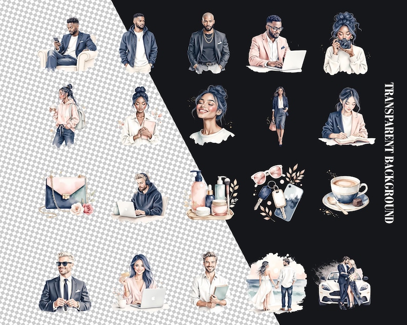 May include: A collection of watercolour illustrations featuring diverse individuals in various scenarios. The images include people using laptops, holding coffee cups, and posing. Accessories such as a handbag, sunglasses, and a coffee cup are also shown.