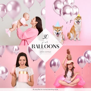 Pink Balloons Photo Overlays, 30 PNG Files, Balloons Digital Backdrop, Photoshop Overlays, Free Commercial Use