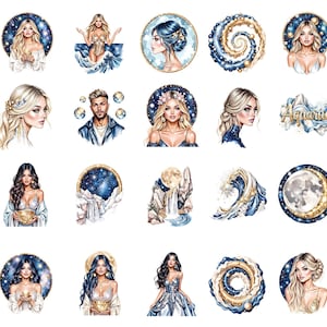 Aquarius Zodiac Clipart, Astrology Water Bearer Clip Art, Celestial Mermaid & Moon Illustrations, Cosmic PNG Bundle, 50 PNG image 3
