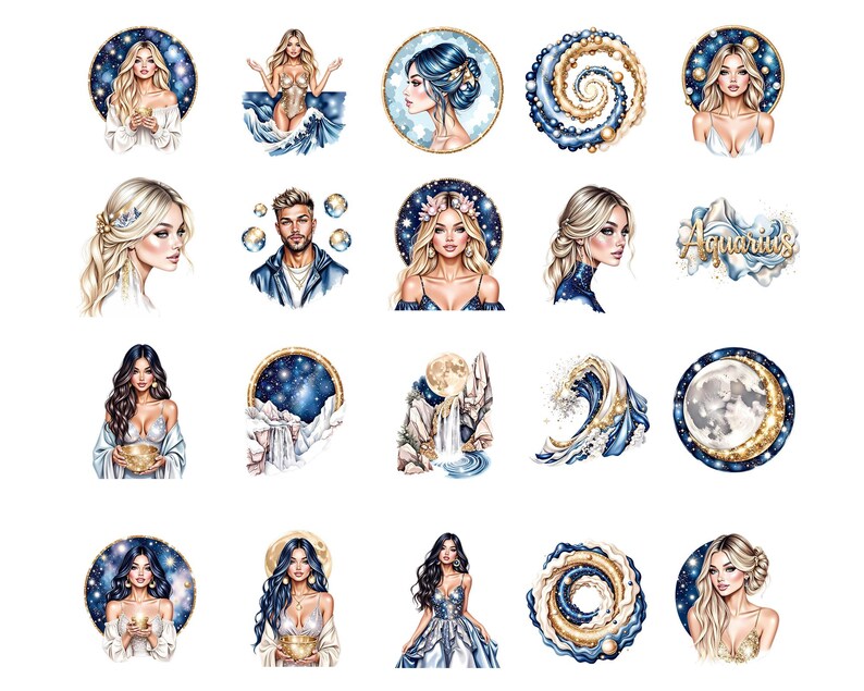 Aquarius Zodiac Clipart, Astrology Water Bearer Clip Art, Celestial Mermaid & Moon Illustrations, Cosmic PNG Bundle, 50 PNG image 3