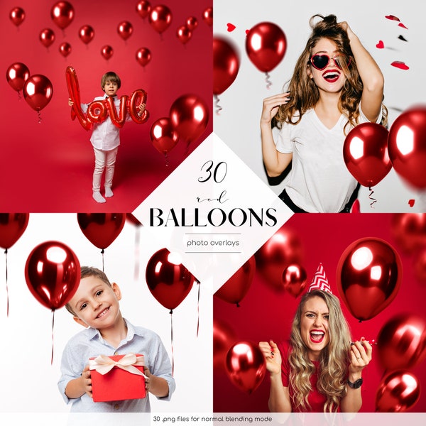 Red Balloons Photo Overlays, 30 PNG Files, Red Balloons Digital Backdrop, Photoshop Overlays, Free Commercial Use