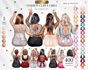Moderiktiga kurviga tjejer clipart, fina plus size-vänner, sittande modebästisar clipart, tjejporträttskapare, personligt porträtt