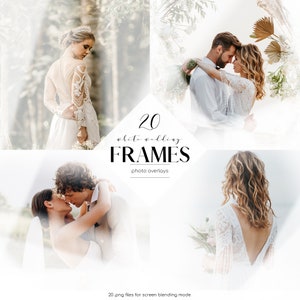 Può includere: 20 cornici per foto di matrimonio bianche, sovrapposizioni per la modalità di fusione dello schermo. Le cornici presentano un effetto bianco morbido e sfocato con coppie sullo sfondo.