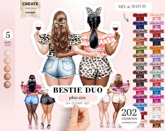 Bästisduo Clipart: Kurviga modevänner porträttskapare (PNG)