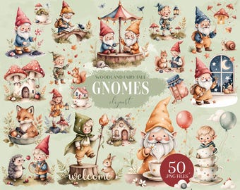 Conjunto de imágenes prediseñadas de gnomos del bosque • Personajes de cuentos de hadas, hongos y animales PNG