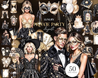 Private Party Clipart, Luxury Black and Gold Illustrations, Glam Fashion Girl PNG Bundle