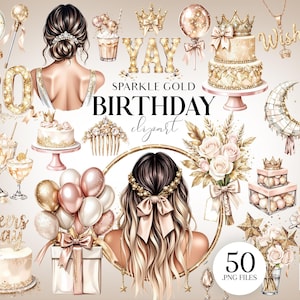 Clipart de aniversário com brilho dourado – PNGs elegantes de garota festeira, champanhe, bolos e ilustrações glamorosas para celebrações.