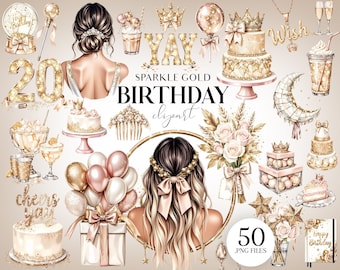 May include: A digital clipart collection with a sparkle gold birthday theme. The image features illustrations of cakes, balloons, crowns, and the text "Sparkle Gold Birthday Clipart". Includes 50 .PNG files.
