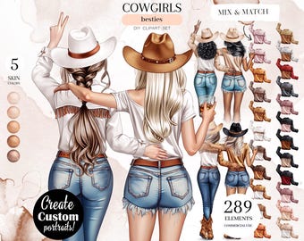 Cowgirls Besties Clipart: Western Girls PNG, Custom Portrait Creator (Digital Download)
