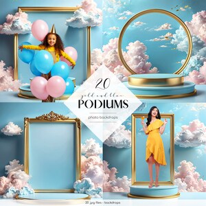 May include: A composite image featuring gold and blue podiums with a sky background and clouds. The image includes a young person holding balloons, a woman in a yellow dress, and decorative frames. Text reads "20 gold and blue podiums, photo backdrops."