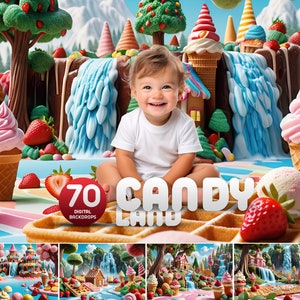 May include: A baby sitting in a whimsical candy land setting with a waterfall, trees, and candy-themed decorations. The text "70 Digital Backdrops" and "Candy Land" are visible in the image.