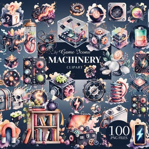 May include: A collection of watercolor game icons and clipart, including gears, batteries, circuit boards, and other machinery elements. The text "Game Icons MACHINERY Clipart" and "100 .PNG FILES" are also visible.
