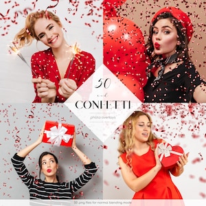 May include: A collage featuring four images with red confetti overlays. The images showcase women with sparklers, balloons, and gifts. Text reads "50 red confetti photo overlays" with additional text at the bottom.