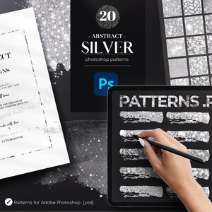 Könnte beinhalten: Ein digitales Tablet zeigt eine Vorschau von 20 abstrakten silbernen Photoshop-Mustern. Die Muster werden in einem Rasterformat auf dem Tablet-Bildschirm angezeigt. Der Text "PATTERNS.F" ist oben auf dem Bildschirm sichtbar. Eine Hand hält einen Stift und zeichnet auf dem Bildschirm.