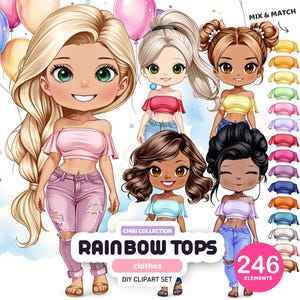 Chibi Rainbow Tops Clipart, Summer Girls Custom Portrait, Chibi Dolls Clipart, Portrait Creator, Custom Gift, Personalized Portrait