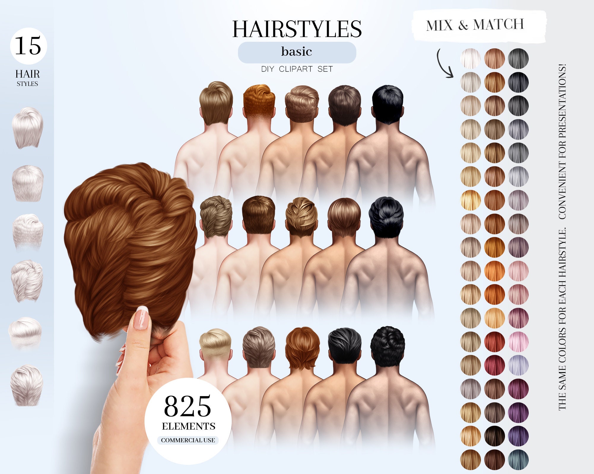Men's Hairstyles Clipart, Male Hair Illustrations, Back View Hair PNG, Custom Hair Graphics