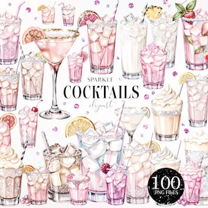 May include: Watercolor illustration of various cocktails in shades of pink, white, and clear. The image features a variety of cocktail glasses, including martini glasses and highball glasses, with garnishes like fruit slices and whipped cream. The text "SPARKLE COCKTAILS clipart" is visible.