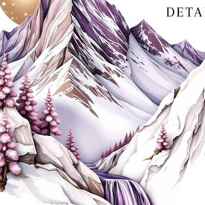 May include: Watercolor illustration of a mountain landscape with snow-covered peaks and a waterfall. The artwork features purple and white mountains, pink trees, and a golden moon. The word "DETAILS" is written in black.