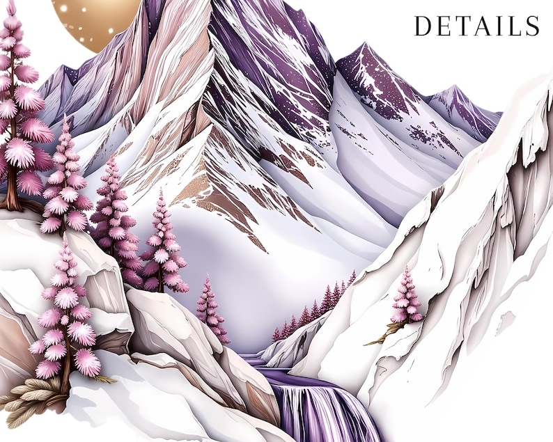 May include: Watercolor illustration of a mountain landscape with snow-covered peaks and a waterfall. The artwork features purple and white mountains, pink trees, and a golden moon. The word "DETAILS" is written in black.