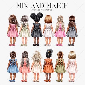 May include: Illustration of twelve girls from the back, each wearing a dress with a bow. The dresses are in various colors, including pink, blue, black, white, and orange. The text "MIX AND MATCH JUST ADD A HAIRSTYLE" is at the top.