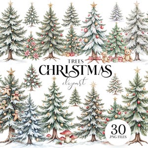 Puede incluir: Clipart navide&ntilde;o en acuarela con varios &aacute;rboles de hoja perenne decorados con nieve, adornos y estrellas. La imagen incluye el texto "TREES CHRISTMAS clipart" y "30 .PNG FILES". Algunos &aacute;rboles tienen hombres de jengibre, osos de peluche y regalos.