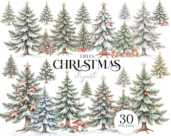 Christmas Tree Clipart, 30 PNG Holiday Tree Illustrations, Xmas Sublimation Designs