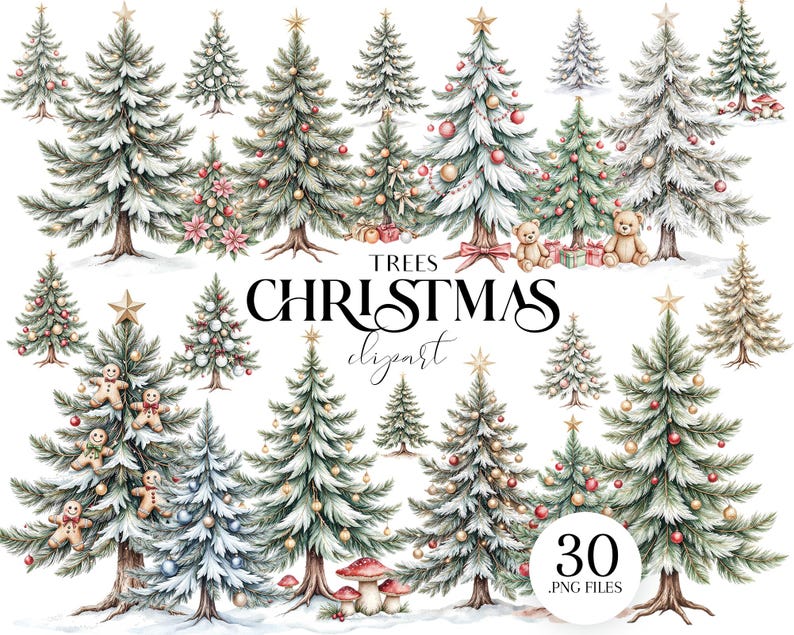 Puede incluir: Clipart navide&ntilde;o en acuarela con varios &aacute;rboles de hoja perenne decorados con nieve, adornos y estrellas. La imagen incluye el texto "TREES CHRISTMAS clipart" y "30 .PNG FILES". Algunos &aacute;rboles tienen hombres de jengibre, osos de peluche y regalos.
