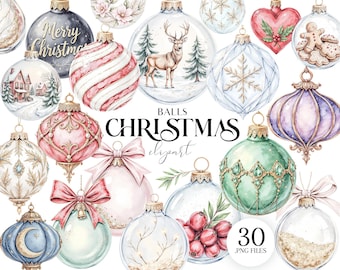 Clipart de bolas navideñas, 30 ilustraciones PNG de adornos navideños, diseños de sublimación navideña