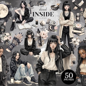 May include: Digital clipart set titled "dead INSIDE" featuring illustrations of gothic-style women, a black cat, a moon, flowers, and other accessories. The set includes 50 PNG files, perfect for digital art projects.
