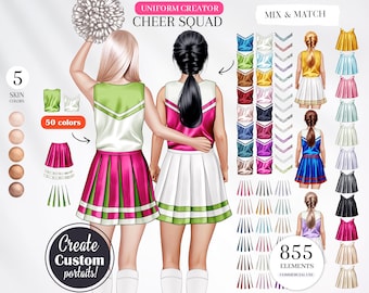 Puede incluir: Creador de uniformes de animadora con 5 colores de piel, 50 colores de falda y 855 elementos. Crea retratos personalizados de animadoras con un diseño de mezcla y combinación.