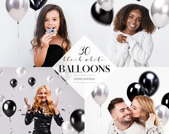 Black and White Balloons Photo Overlays: Metallic Clip Art (30 PNG Files)