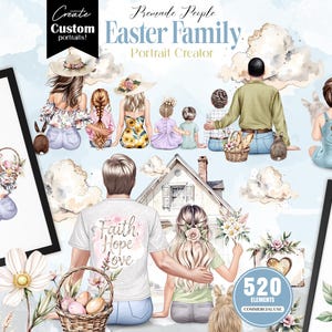 Può includere: Arte digitale con un creatore di ritratti di famiglia con vari membri e elementi a tema pasquale. L'immagine include il testo "Create Custom Portraits!" e "Easter Family Portrait Creator." Offre 520 elementi per uso commerciale.