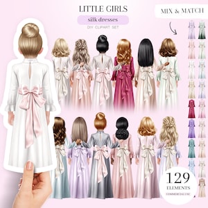 Little Girls in Silk Dresses Clipart, Girl Portrait Creator, Personalized Portrait, Custom Girl Clipart PNG