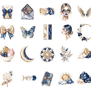 Pode incluir: Ilustra&ccedil;&otilde;es em aquarela de elementos celestiais e m&iacute;sticos, incluindo uma vela, um envelope, fases da lua, uma mulher com &oacute;culos, asas de anjo, um la&ccedil;o, uma borboleta, sol e lua, um perfil feminino, uma coroa de flores, cristais, uma rosa dos ventos, um raminho, um cacho de uvas, uma flor, um di&aacute;rio e aglomerados de cristais.