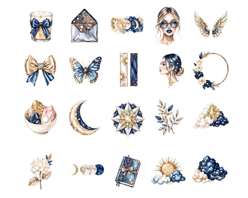 Pode incluir: Ilustra&ccedil;&otilde;es em aquarela de elementos celestiais e m&iacute;sticos, incluindo uma vela, um envelope, fases da lua, uma mulher com &oacute;culos, asas de anjo, um la&ccedil;o, uma borboleta, sol e lua, um perfil feminino, uma coroa de flores, cristais, uma rosa dos ventos, um raminho, um cacho de uvas, uma flor, um di&aacute;rio e aglomerados de cristais.