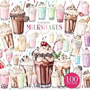 May include: A digital illustration featuring a collection of colorful milkshakes with whipped cream, toppings, and straws. The image includes text that reads "Rainbow Milkshakes Clipart" and "100 .PNG FILES". The milkshakes are in various colors and styles.