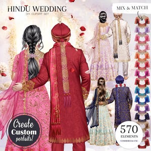 May include: A digital clipart set for creating custom Hindu wedding portraits. The set includes 5 skin tones, a variety of clothing options, and 570 elements for commercial use. The image shows a bride and groom in traditional Indian wedding attire.