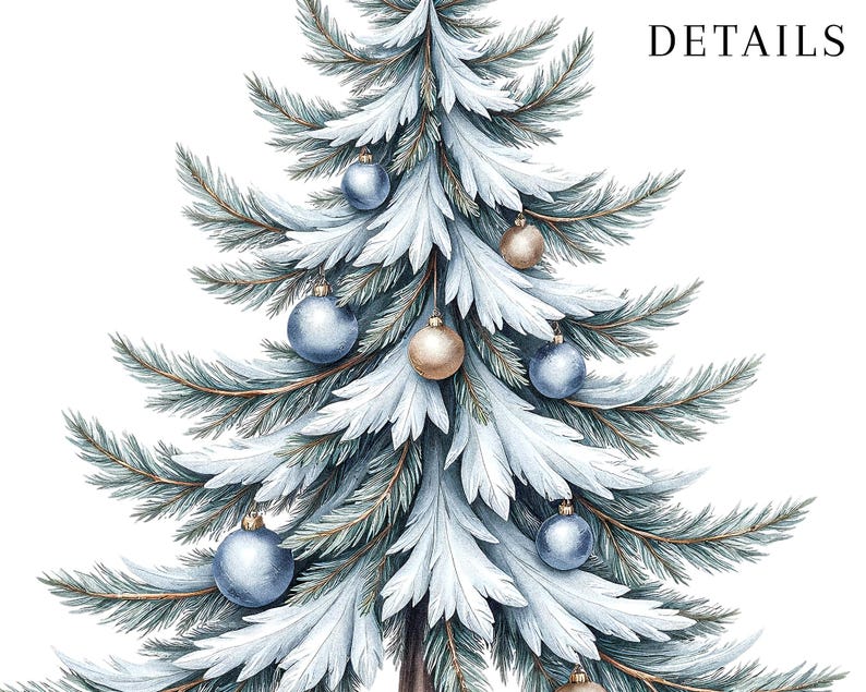 Puede incluir: Ilustraci&oacute;n en acuarela de un &aacute;rbol de Navidad con adornos azules y dorados. El &aacute;rbol tiene un aspecto nevado con agujas blancas y verde azulado. La palabra "DETAILS" es visible.