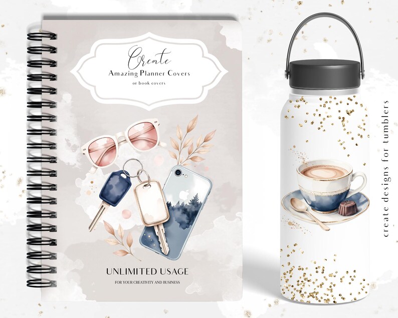 May include: A spiral-bound planner cover and a white tumbler. The planner cover has a watercolor design with sunglasses, keys, and a phone. The tumbler features a coffee cup and gold glitter accents. Text includes "Create Amazing Planner Covers" and "Unlimited Usage".