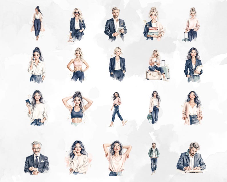 May include: A collection of watercolour illustrations depicting people in diverse outfits. The images show figures in business suits, casual clothing, and travel attire. The colour scheme uses soft pastels and neutral shades, giving a modern and elegant feel.